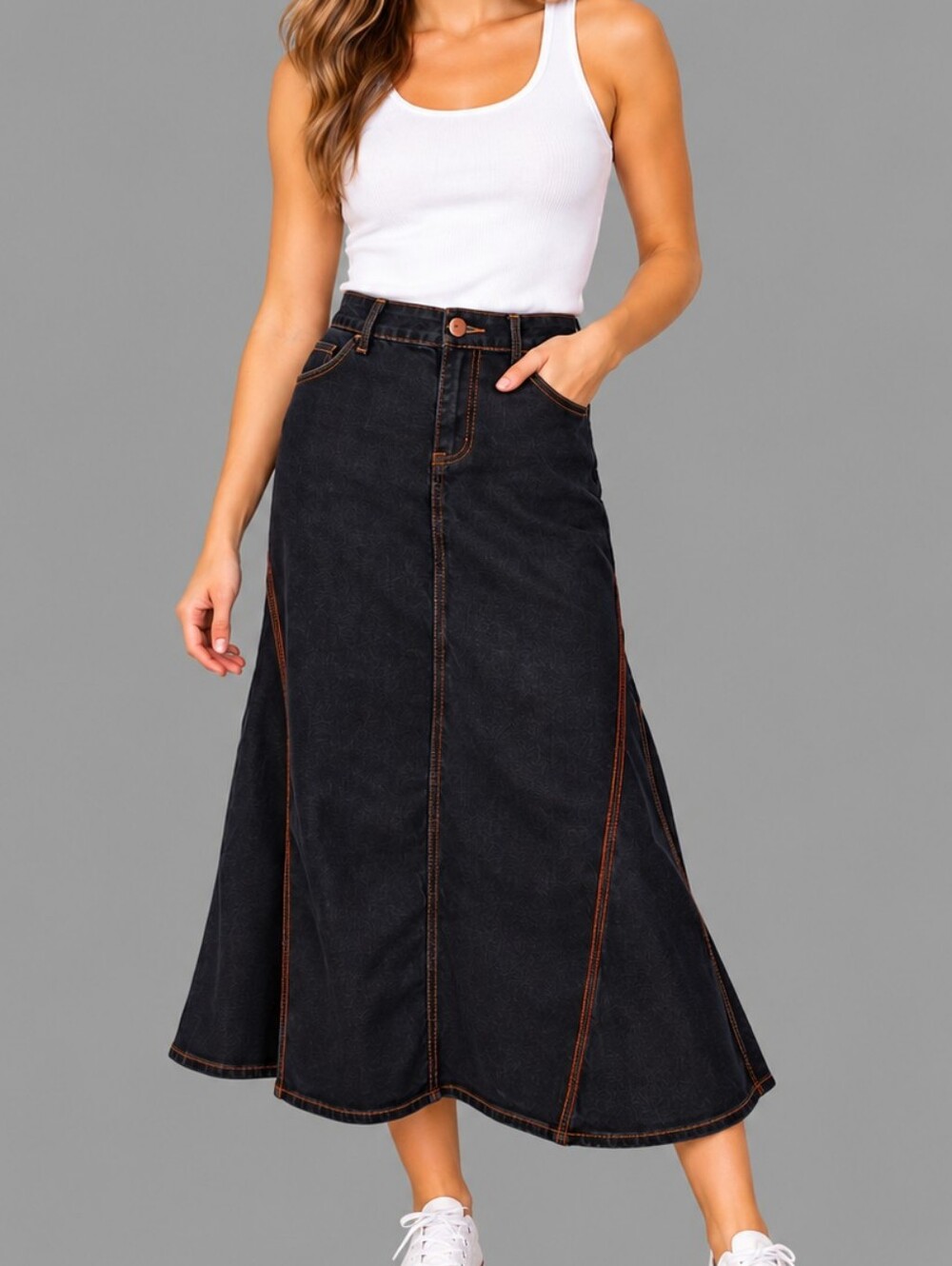 VTG WAH JEANS 1970s Grunge Denim Godet Longline Skirt 14W